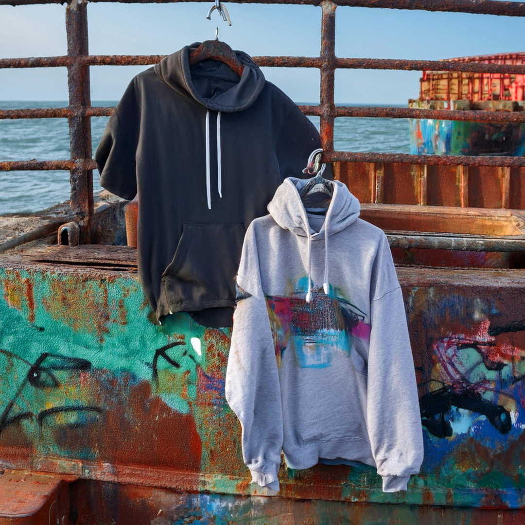 Premium Quality Gray and Silver Hoodies hanging on an old sea ship in the winter.