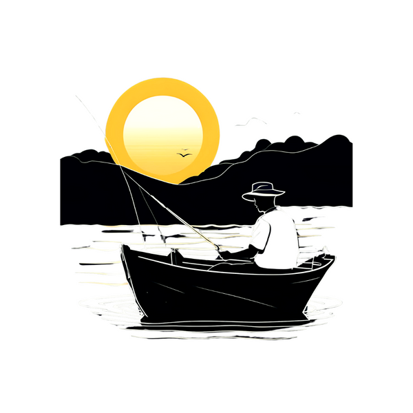 Boater fishing watching the sunset wearing a graphic designed t-shirt