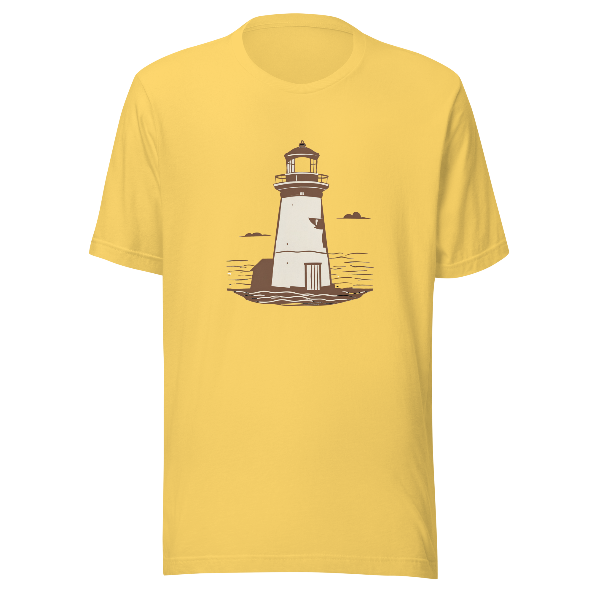 Bella + Canvas yellow t-shirt with lighthouse graphic.