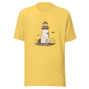 Bella + Canvas yellow t-shirt with lighthouse graphic.