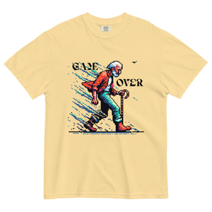 Yellow heavy weight short sleeve t-shirt with old man game over graphic on the front