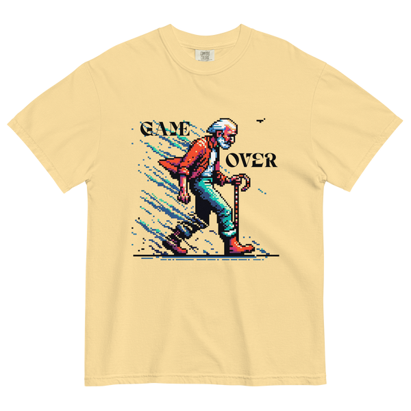 Yellow heavy weight short sleeve t-shirt with old man game over graphic on the front