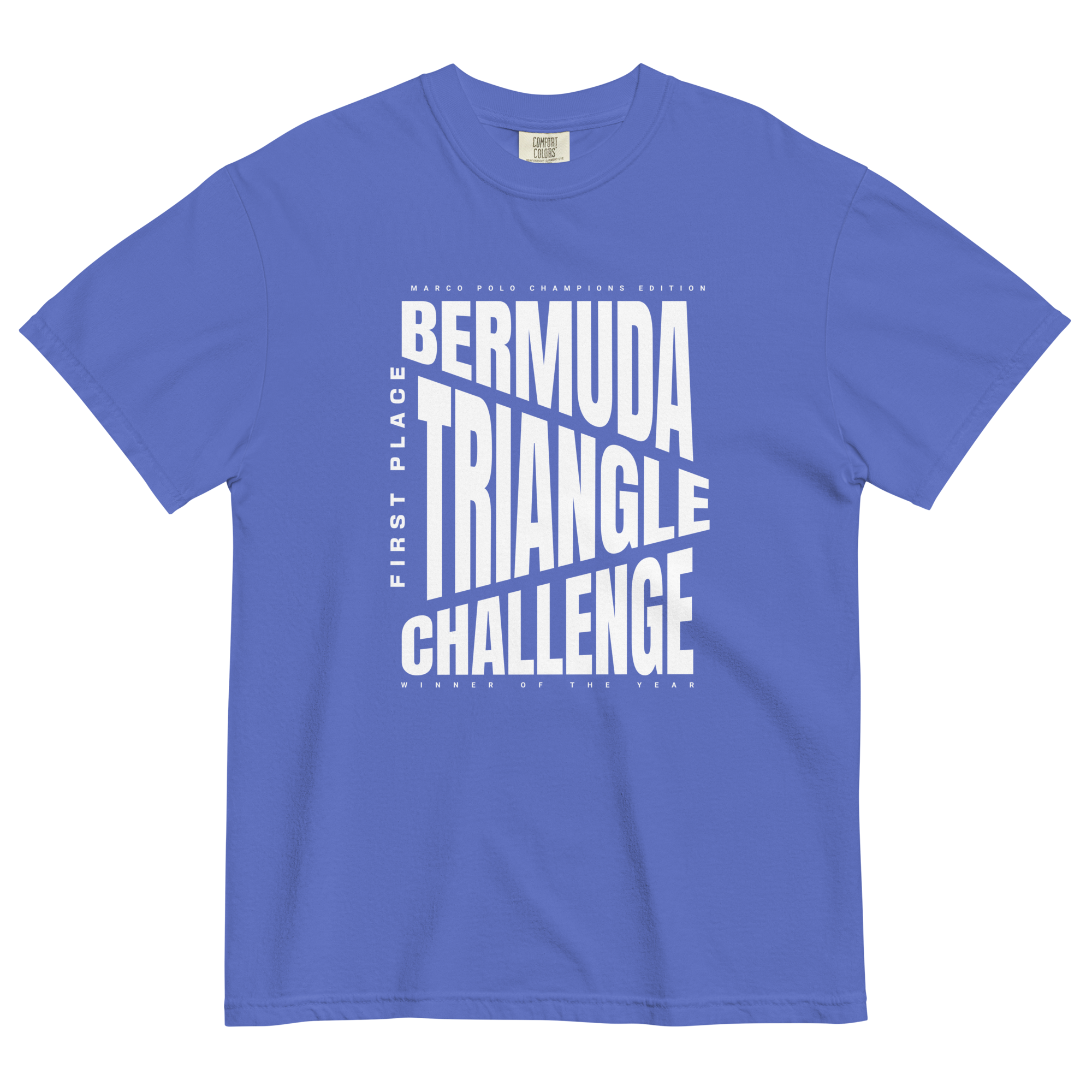 heavy way blue t-shirt with bermuda triangle graphic on the front