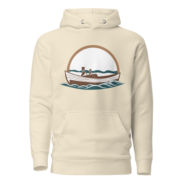 vintage wooden boat on a bone colored soft hoodie