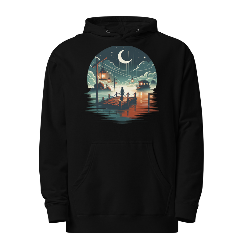 Premium midweight black hoodie with mist harbor graphic