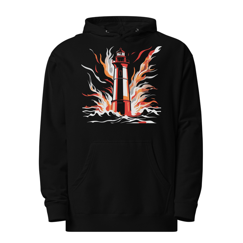 Premium Midweight Hoodie with transparent lighthouse on fire graphic