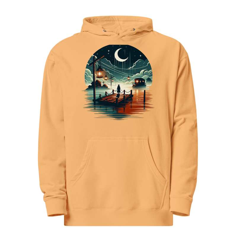 Yellow midweight hoodie with misty dock scene graphic on the front