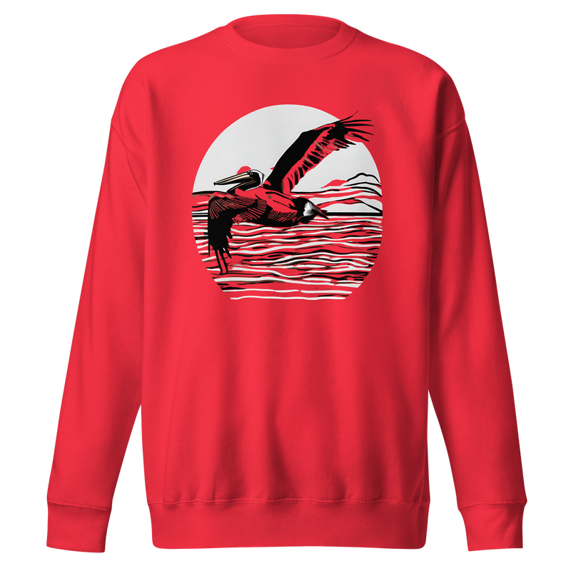 Premium red sweatshirt with stenciled stork flying over the ocean